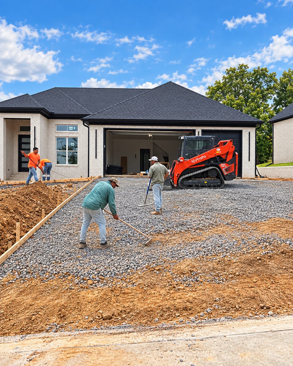 Crew spreading gravel base for a driveway