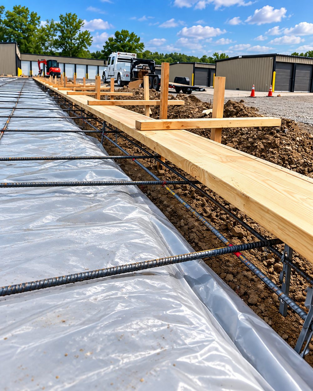 Footing forms and rebar at a commercial site