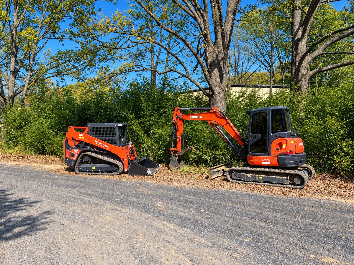 Kubota skid steer and excavator used for dirt work and site prep