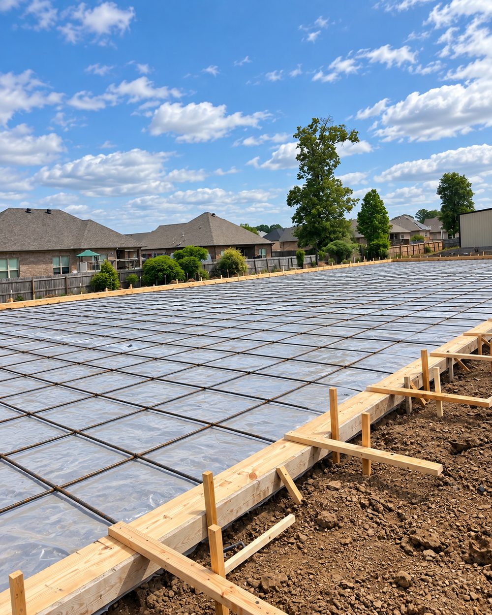 Forms, rebar, and vapor barrier ready for a slab