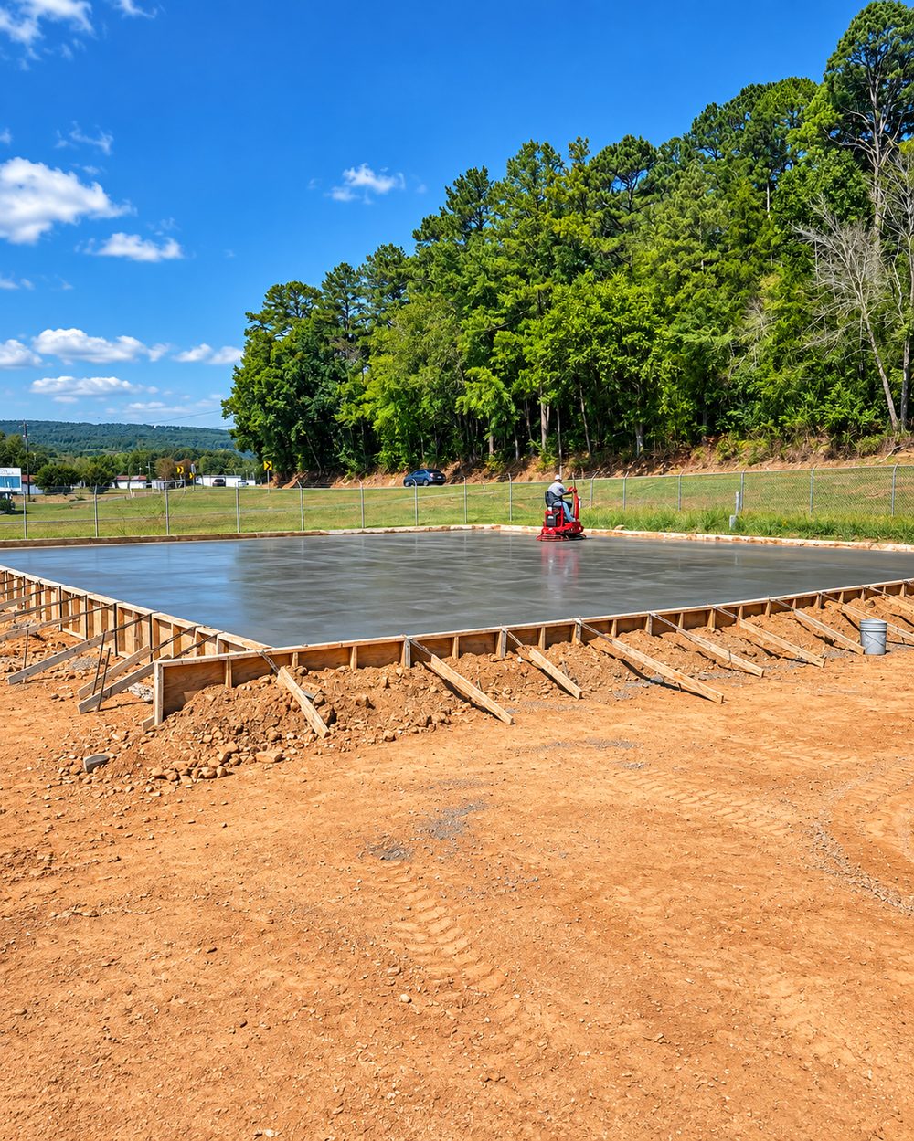 Power troweling a fresh concrete slab